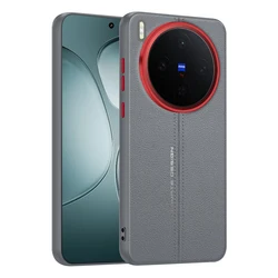 Luxury Leather Metal Lens Frame Frosted Shockproof Bumper Case for Vivo X300 (GRAY)