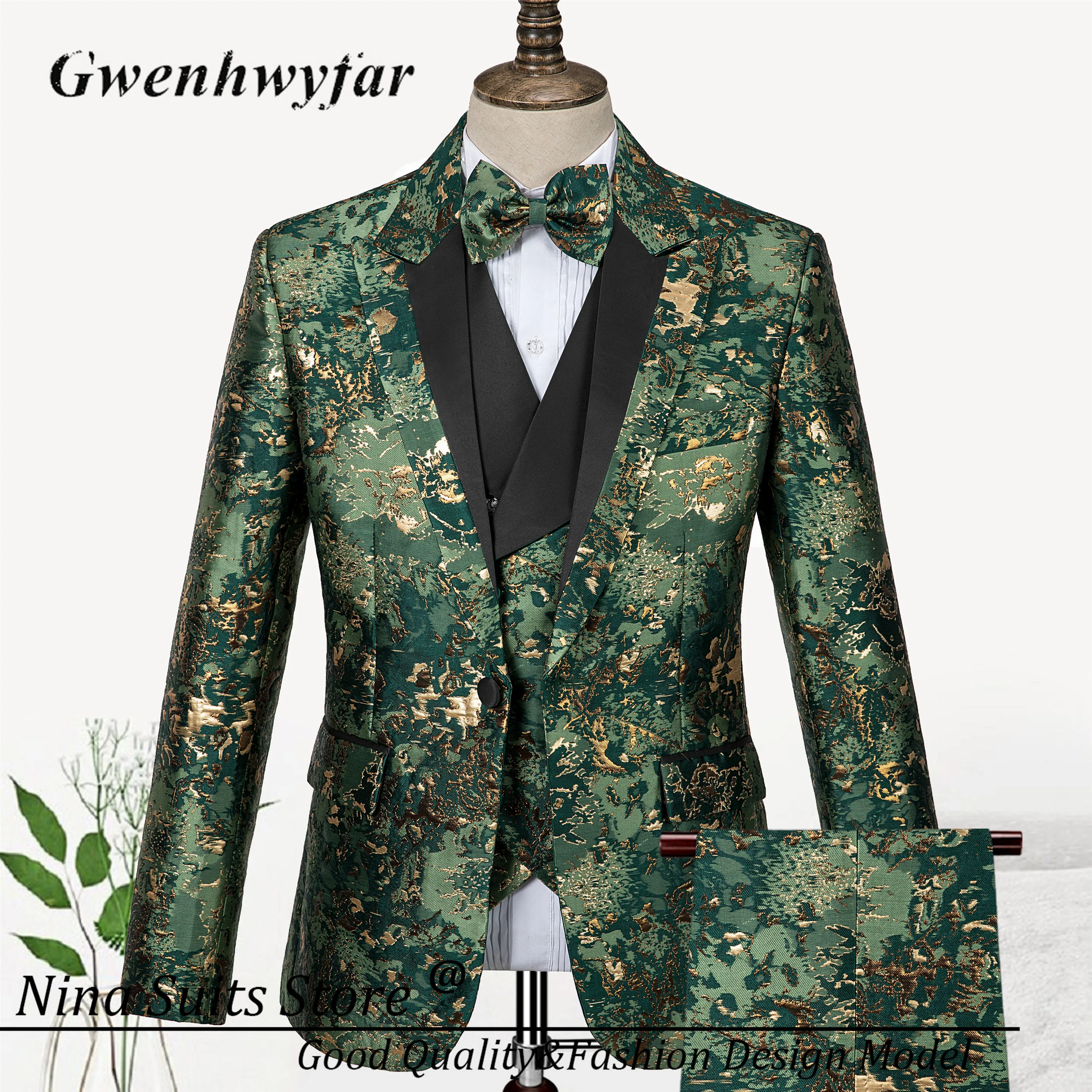 Gwenhwyfar Tailored Camouflage Men Tuxedos Gold Army Green Pattern Costume Homme Formal Male Suit Blazer Pants Vest