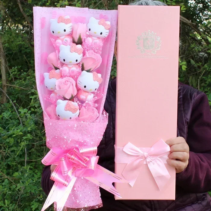 Kawaii Pink Hello Cat Teddy Bear Plush Toys With Soap Rose Flower Cartoon Bouquets Stuffed Animals Doll For Girl Kids Xmas Gifts пенал hello bear