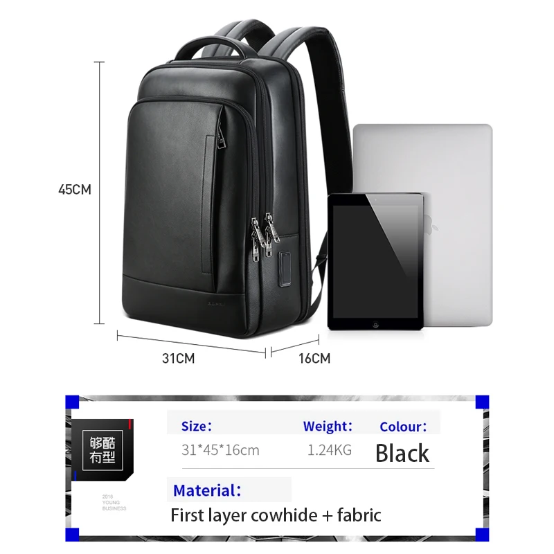 (Super Big Promotions) BOPAI Genuine Leather Backpack Men Business Casual Computer Backpack Black Cowhide Leather Backpack images - 6