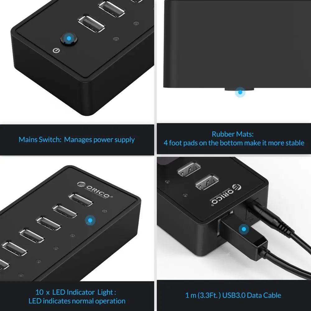 Orico Conector Usb Hub 10 Portas Abs Usb2.0 Adaptador de Alimentação 12v Divisor Usb de Alta Velocidade para pc Acessórios de Computador Cabo de Dados de 1m - Imagem 3