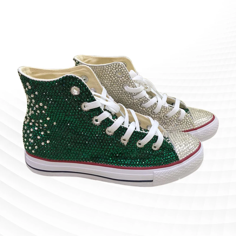

Fashion trend handcrafted custom design feeling green white rhinestone all small crowd canvas shoes trend individual flat shoes