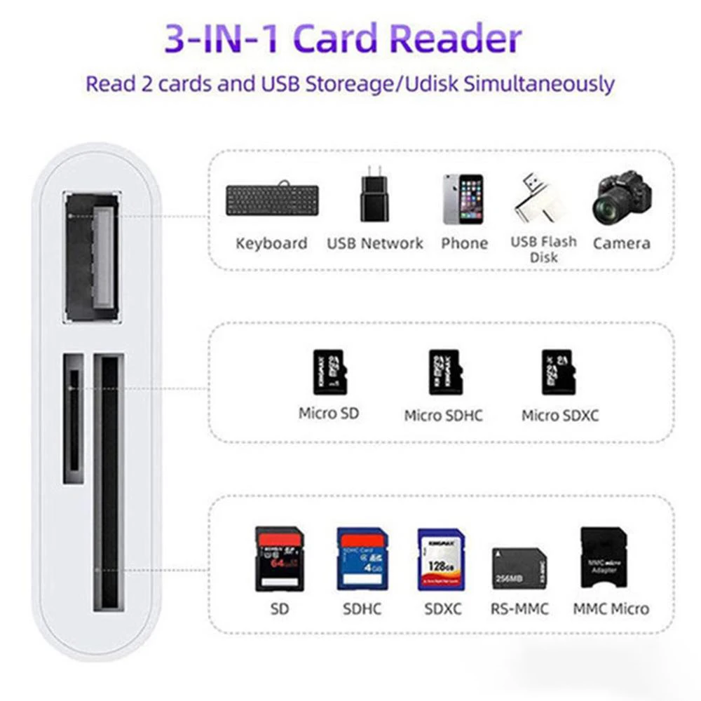 3 w 1 SD TF czytnik kart pamięci dla Apple iPhone 14 13 12 11 15 Pro Max X XS XR USB Adapter do czytnika kart do laptopa iPad