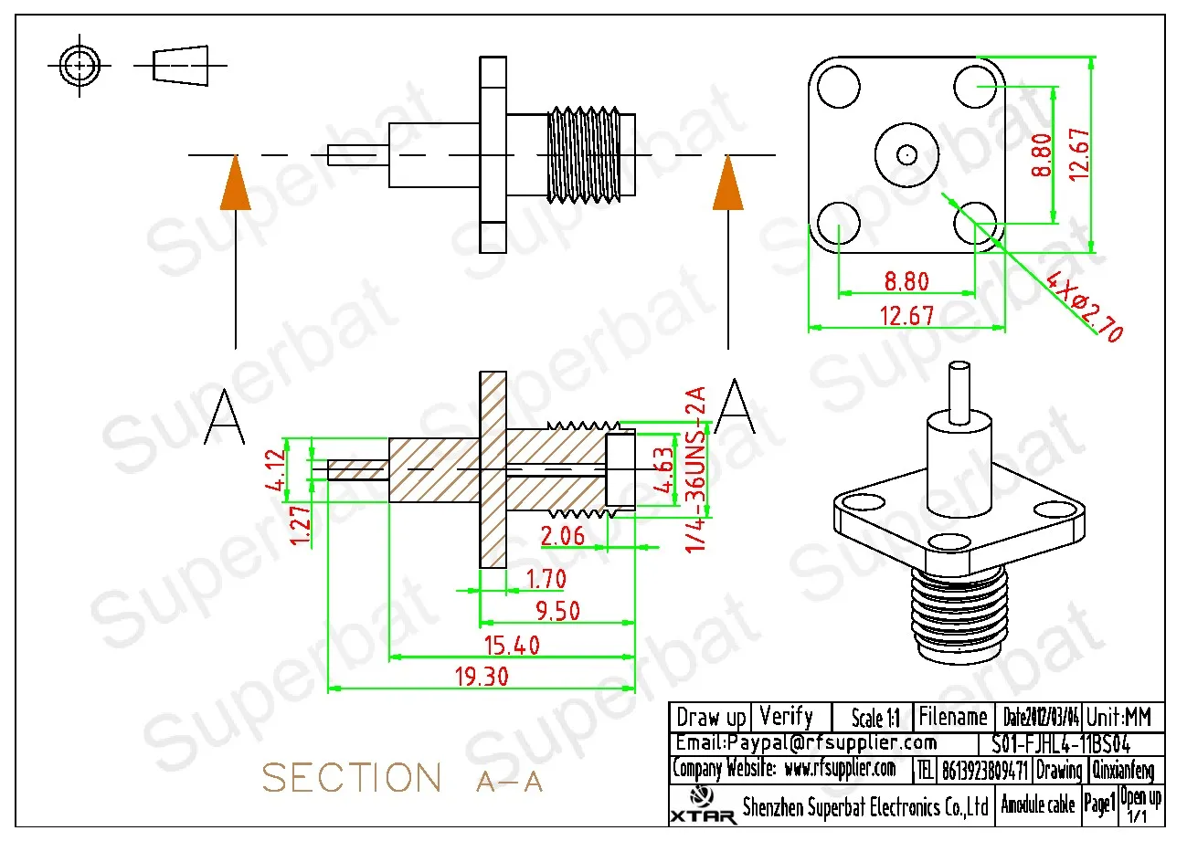 SMA Female RF Coaxial Connector for Panel Mount