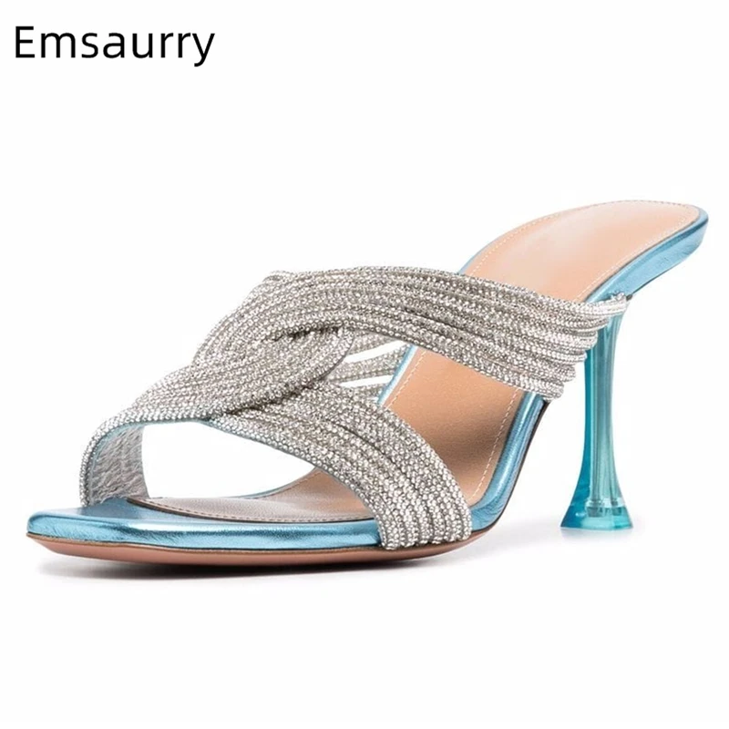 

Cross Twist Crystal Narrow Band Sandals Women Clear Crystal High Heel Square Open Toe Luxury Rhinestone Summer Shoes