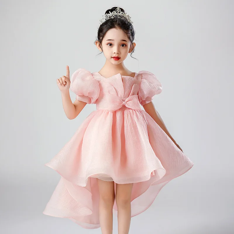 

Summer Kids Dresses for Girls Mesh Lace Short Sleeve Girls Party Dress Fashion Solid Color Girl Evening Gown 3-12 Years