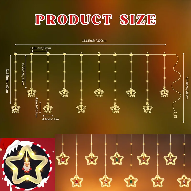 LED Tatil Işığı Noel Perde Işıkları Noel Pencere Işıkları Noel Baba Yeni Yıl Dekoru İç Mekan Süslemeleri için Dize Işıklar