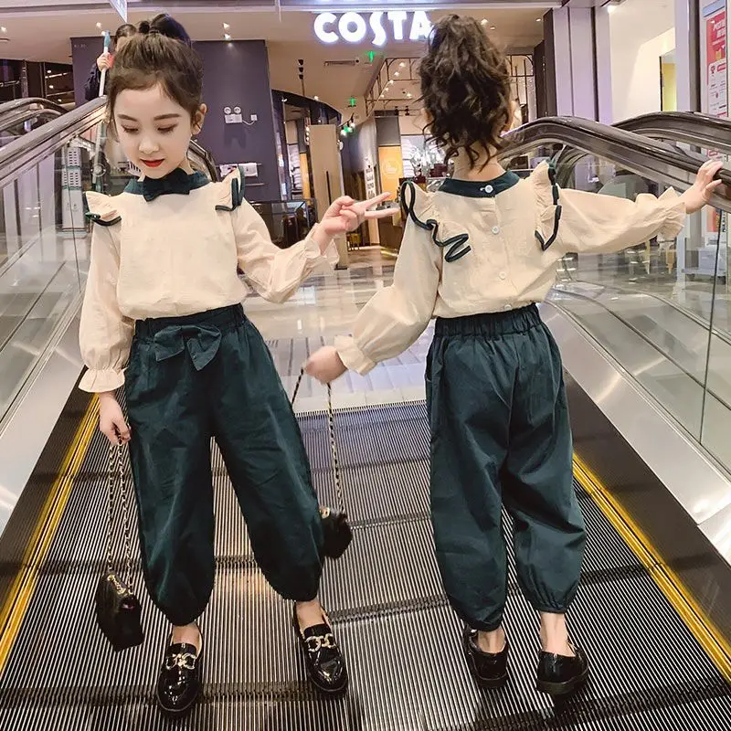 

Autumn New 2023 Kids Boutique Clothing Baby Girls Fashion 2 Pieces Sets Fashion Korean Lace Tops Pants Long Sleeve All-match