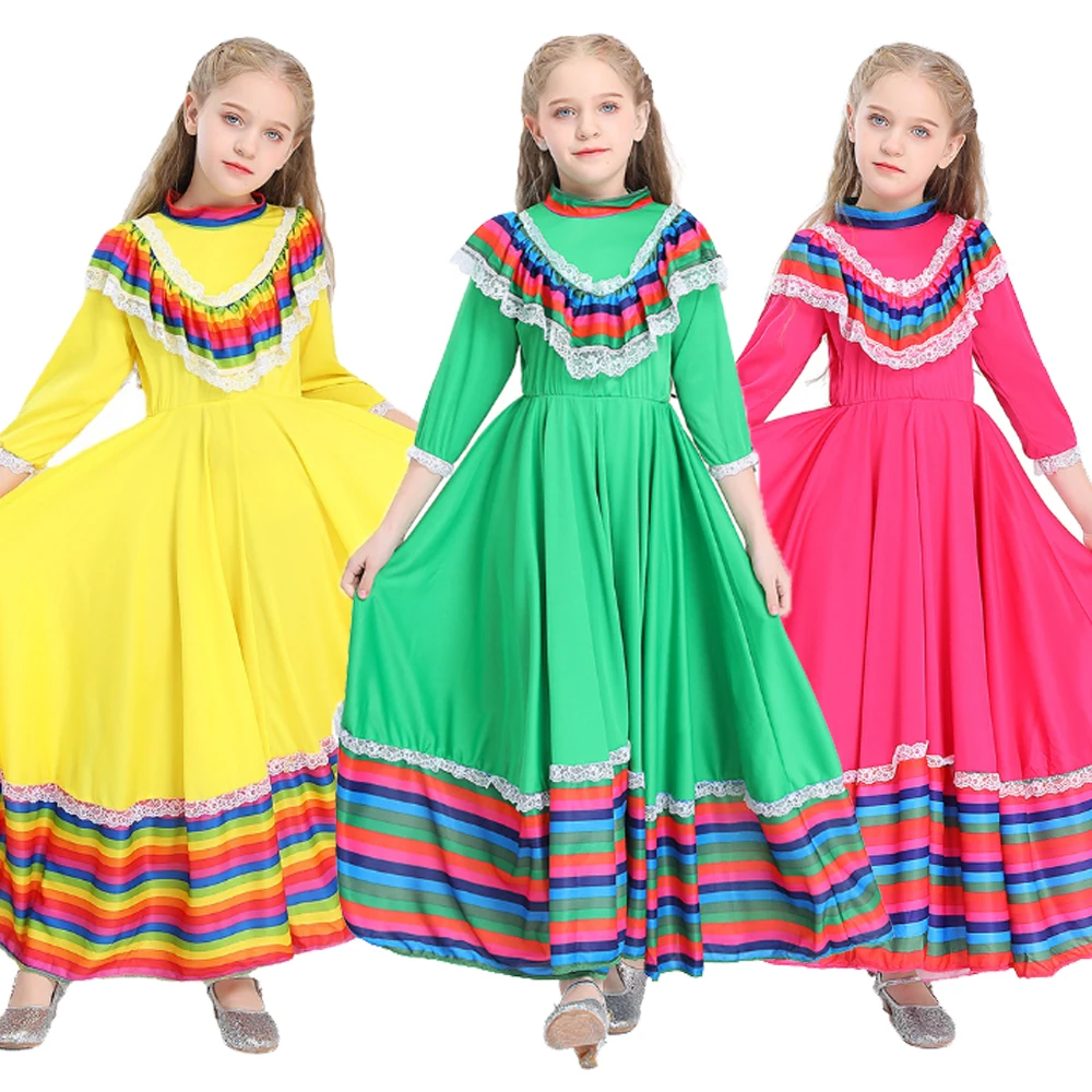 

Girls Cosplay Traditional Folk Mexican Lace Red Dress Guadalajara Mexico Folk Dancer Costume Kids Children Fancy Long Dress