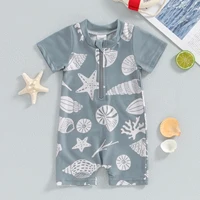 Kids Baby Boys Summer Swimwear Toddler Beach Swimming Suit Casual Cute Sea Element Prints Zipper Short Sleeve Monokini Swimsuit 3