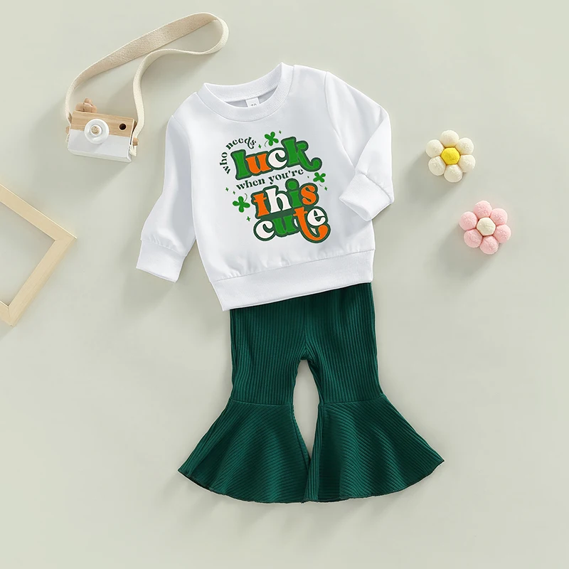 

Kid Girls Pants Set Long Sleeve Letters Shamrock Print Sweatshirt with Flare Pants Clothing Set
