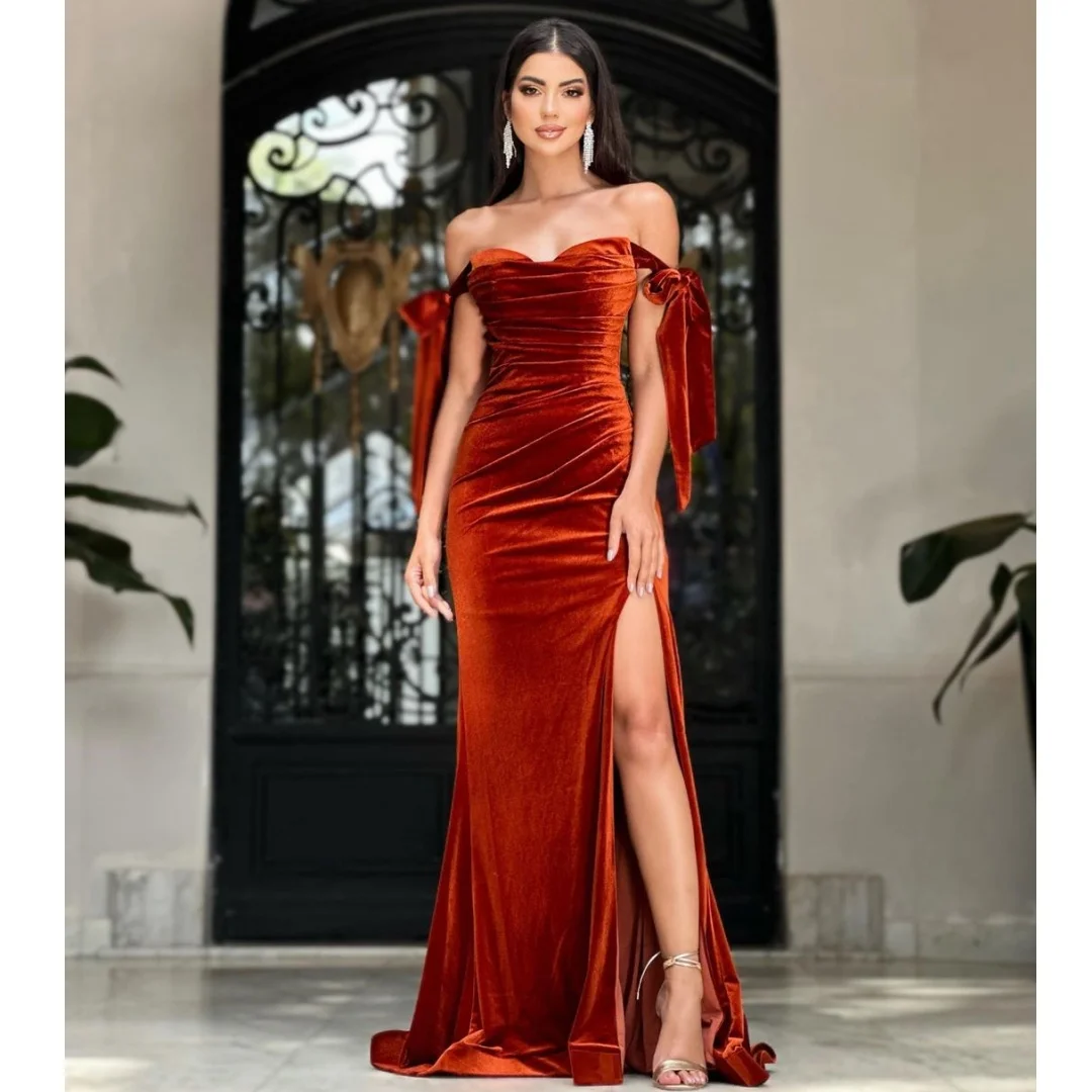 

Elegant Velvet Mermaid Evening Dresses Formal Sweetheart Off the Shoulder High Slit Prom Dress Pleats Bow Straps Party Gowns