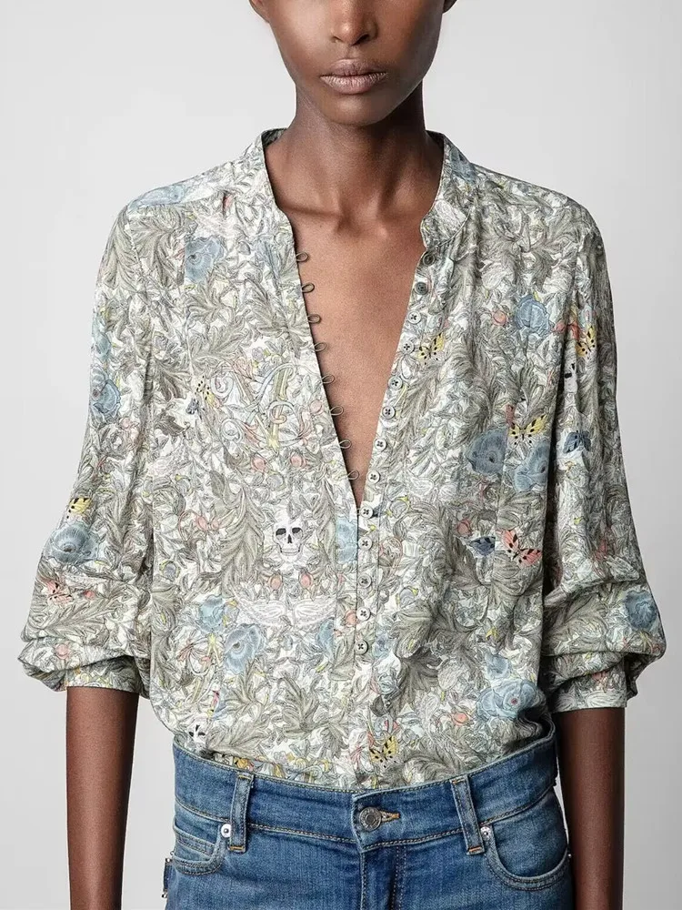 

Floral Skull Print Blouse For Ladies 2023 Spring Autumn Casual Retro Single Breasted O-Neck Long Sleeve Shirt