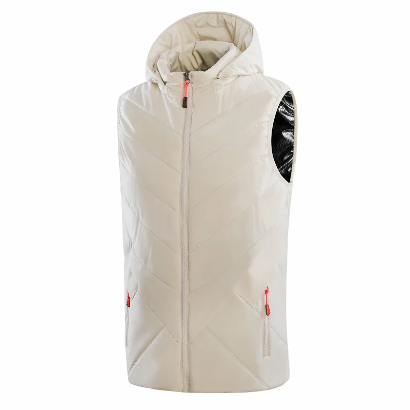 A white hooded women heated vest that is USB powered and has customizable heat settings.