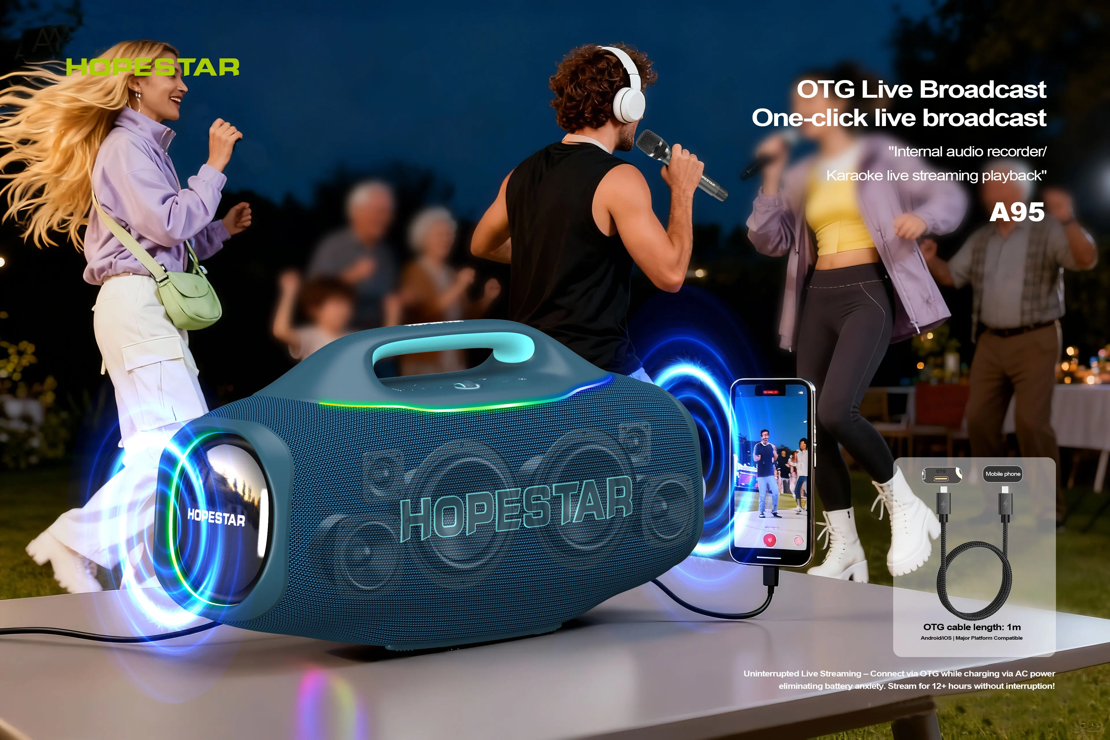 HOPESTAR A95 580W 휴대용 블루투스 스피커 (UHF 무선 마이크 포함) 40000mAh 배터리 야외용 붐박스 (RGB 조명 및 AuraCast 기능 탑재)