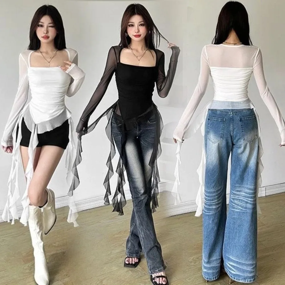 Streetwear Jellyfish Mesh Belt T-Shirt Elf Long Sleeve Pleated Collar Slim Fit Crop Tops Transparent Irregular