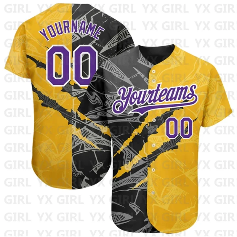 

Custom Graffiti Pattern Purple Yellow-Black Scratch Baseball Jersey 3D Printed Men Women Shirt Casual Shirts Sport Unisex Tops