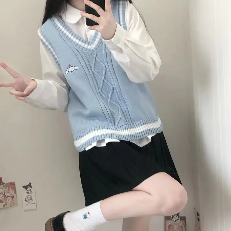 

Kawaii Sanrio Cinnamoroll My Melody Kuromi Cartoon Female Knitted Vest Spring Autumn College Style Sweet Loose Student Jacket