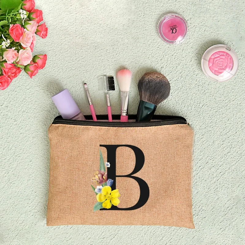 Floral Print Linen Zipper Pouch Cosmetic Travel Organizer