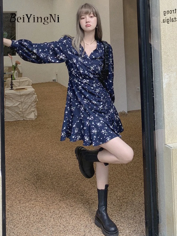 

Beiyingni 2023 New Fashion Women Dress Floral Print Long Sleeve French V-neck Mini Dresses Drawstring Elegant Party Vestidos