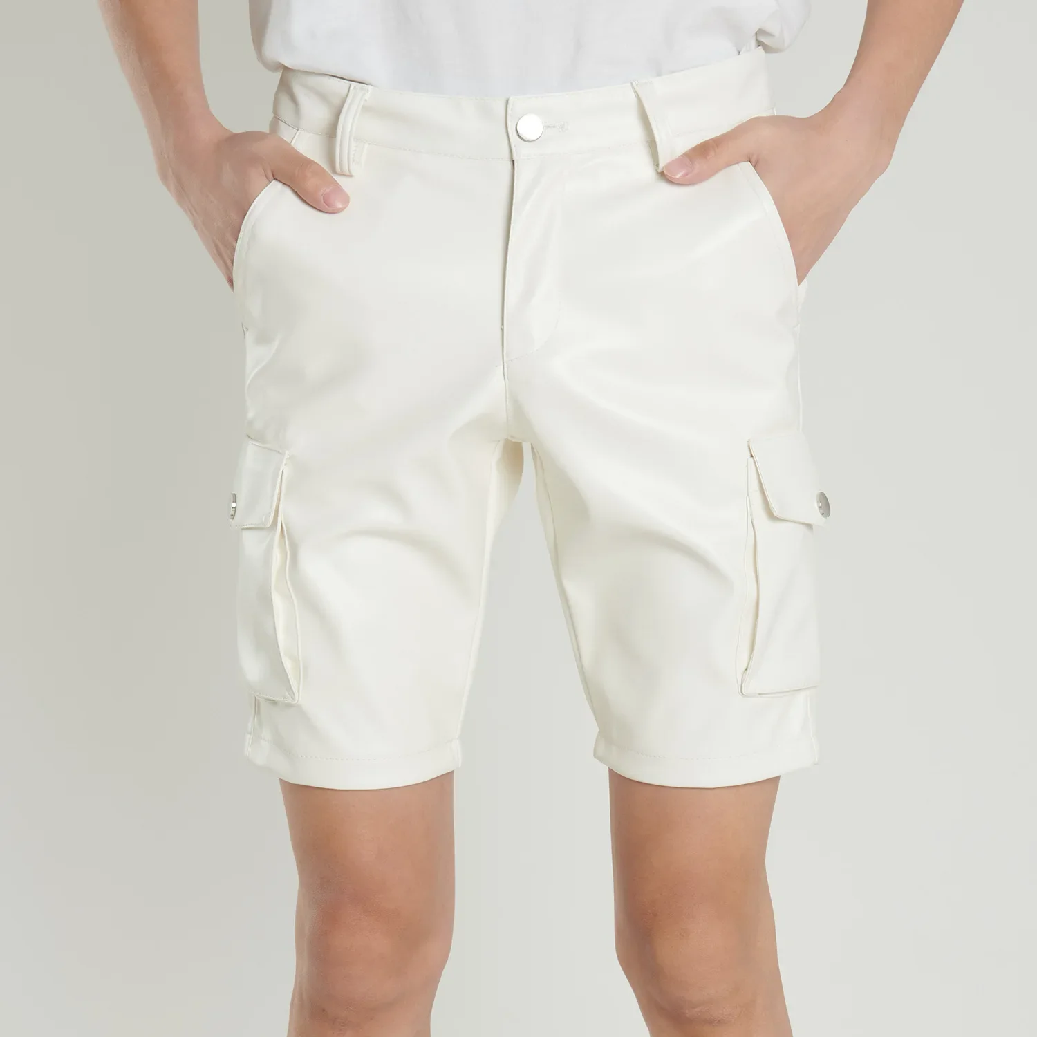 Trousers Men Summer thin Stretch Leather White Black Shorts For Young Cross-border