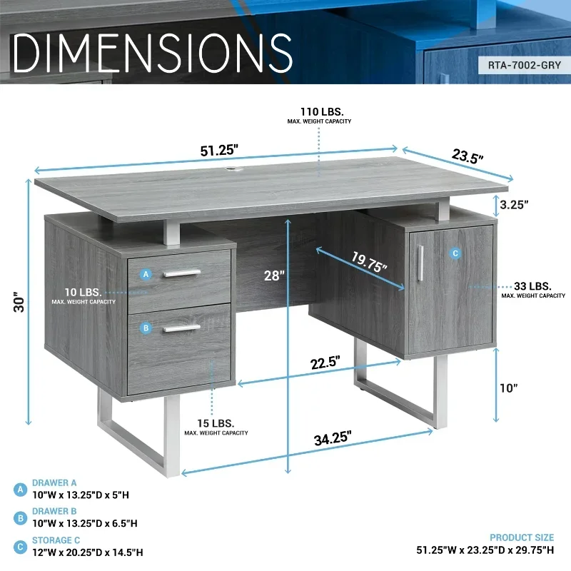 Techni Mobili Modern Office Desk with Storage, Grey 3