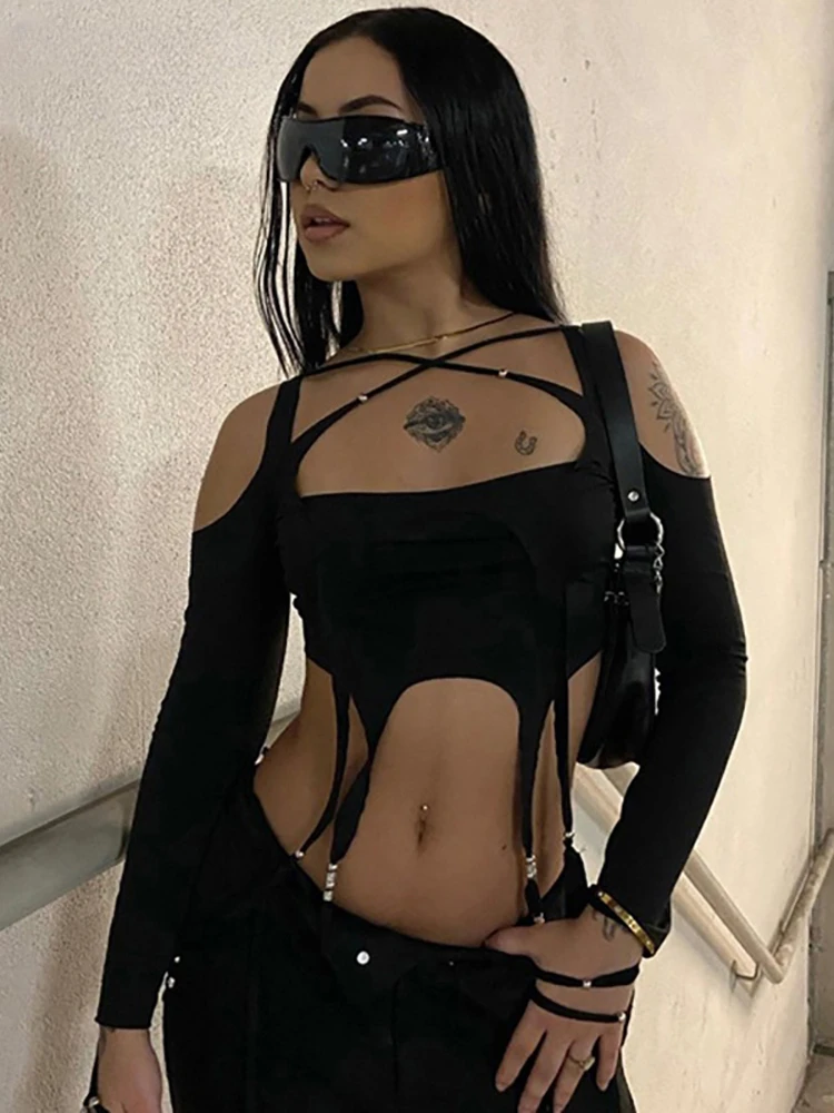 

2024 New Goth Dark Cut Out Irregular T-shirts Gothic Punk Women Sexy Crop Tops Black Long Sleeve Streetwear Tees Kpop Tops
