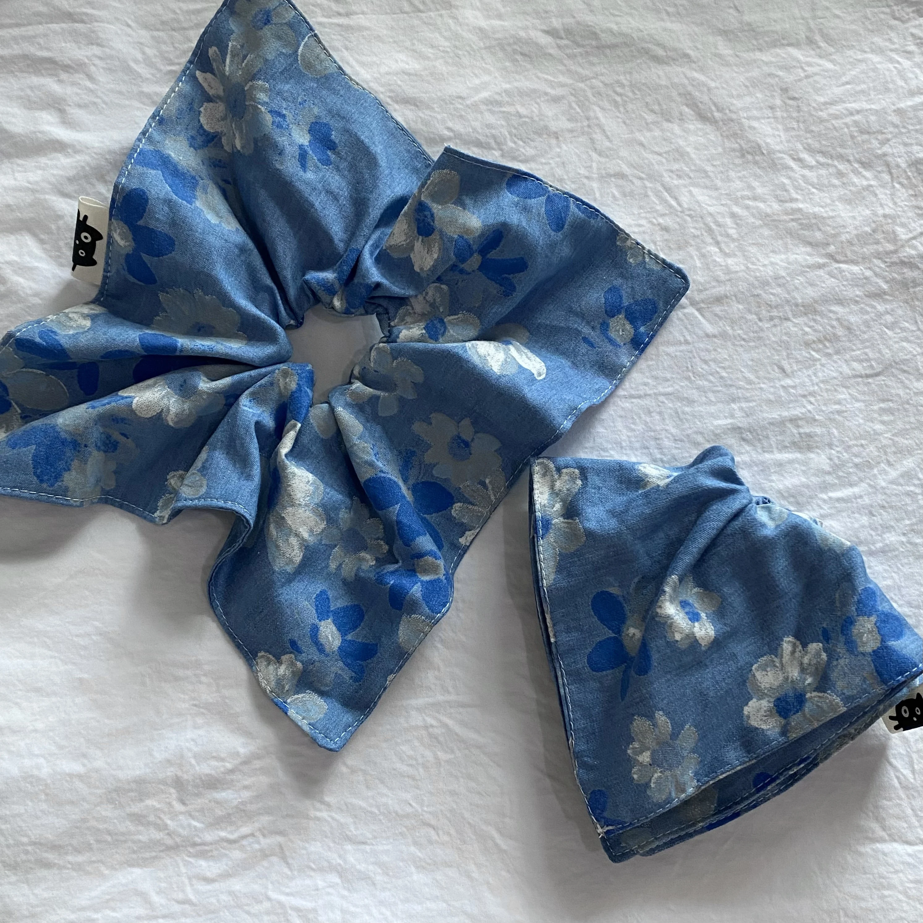 1PC Artistic Blue floral denim hair scrunchie, large square - shaped hair tie, unique and stylish hair accessory for women