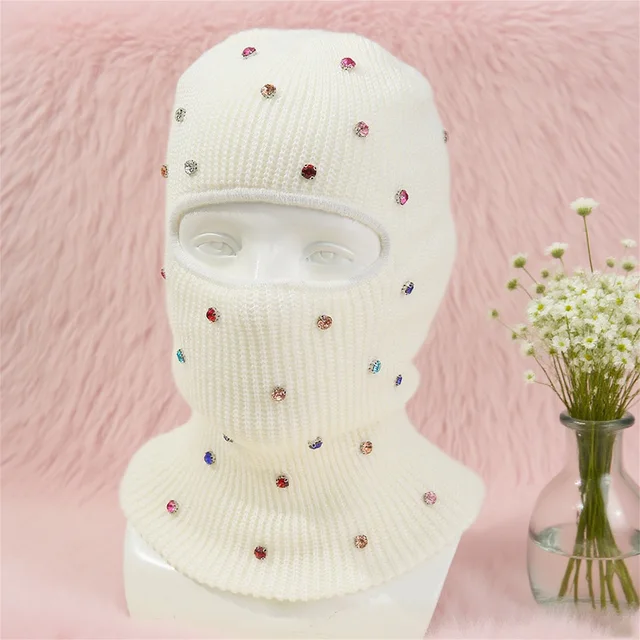 Women Winter Hat Sparkling Crystal Embellished Cozy Fleece Lined Balaclava Cap for Cold Weather Skiing