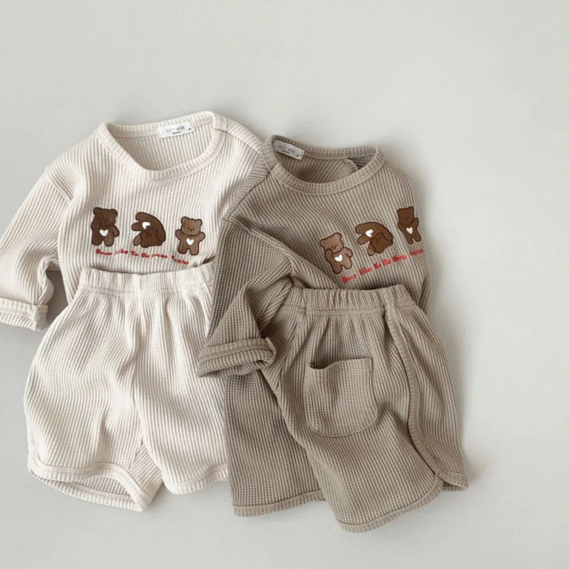 baby shirt clothing set 2022 Summer Baby Clothes Set Waffle Cartoon Bear Long Sleeve T-Shirts Shorts 2PCS Baby Boys Outfits Toddler Infant Girls Suit baby clothing set red	