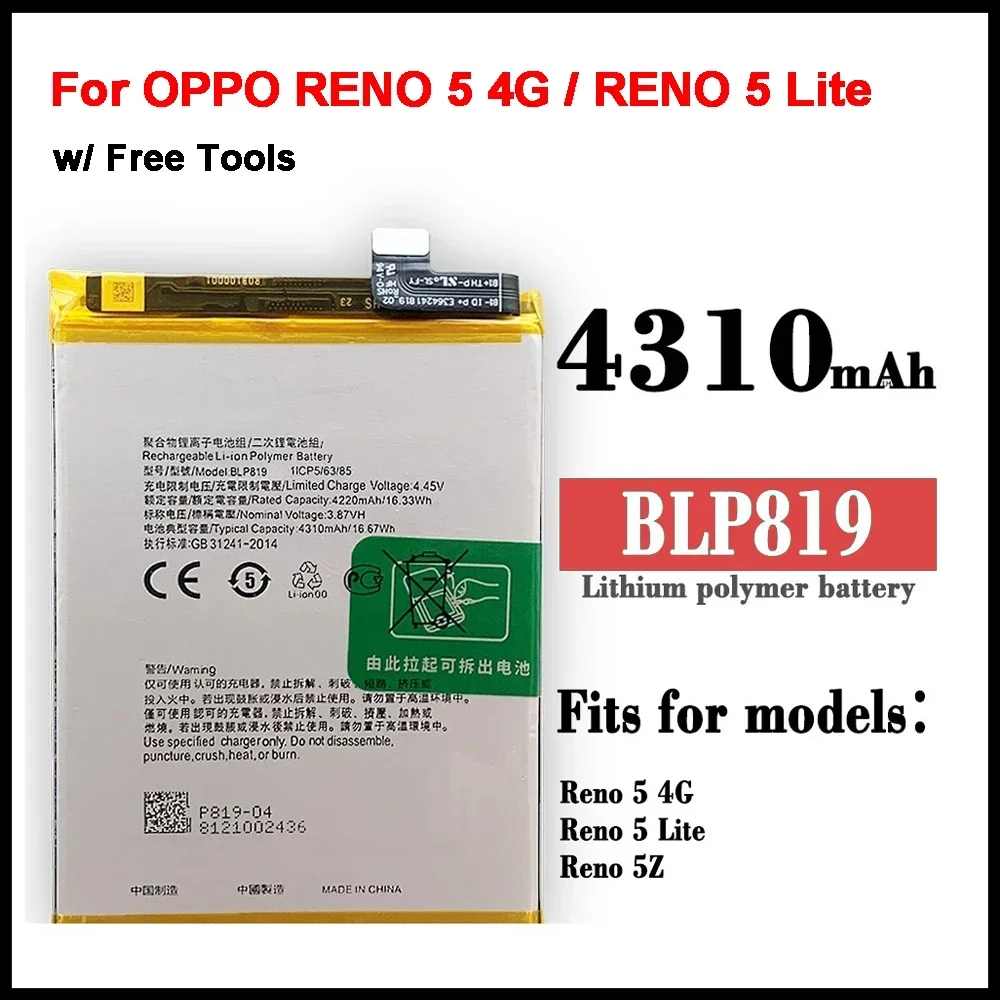 

Запасной аккумулятор BLP819 4310 мАч для OPPO RENO5 4G / RENO5 Lite / Reno5