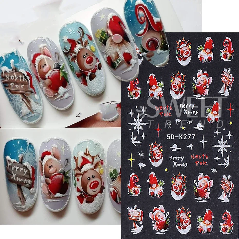 5D Realistic Relief Santa Claus Nail Stickers Snowflakes Christmas tree Elk Stars Self-Adhesive Nail Decals Manicure Decoration