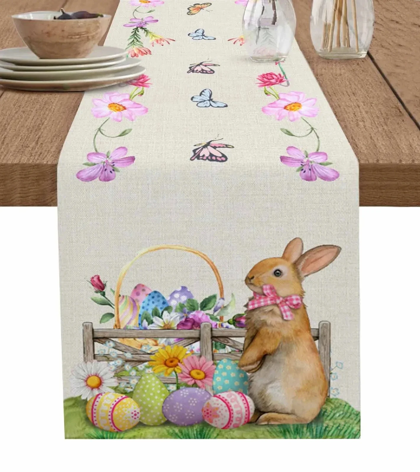 

Easter Rabbit Eggs Flower Butterfly Linen Table Runners Wedding Decor Farmhouse Dining Table Runners Holiday Party Decorations