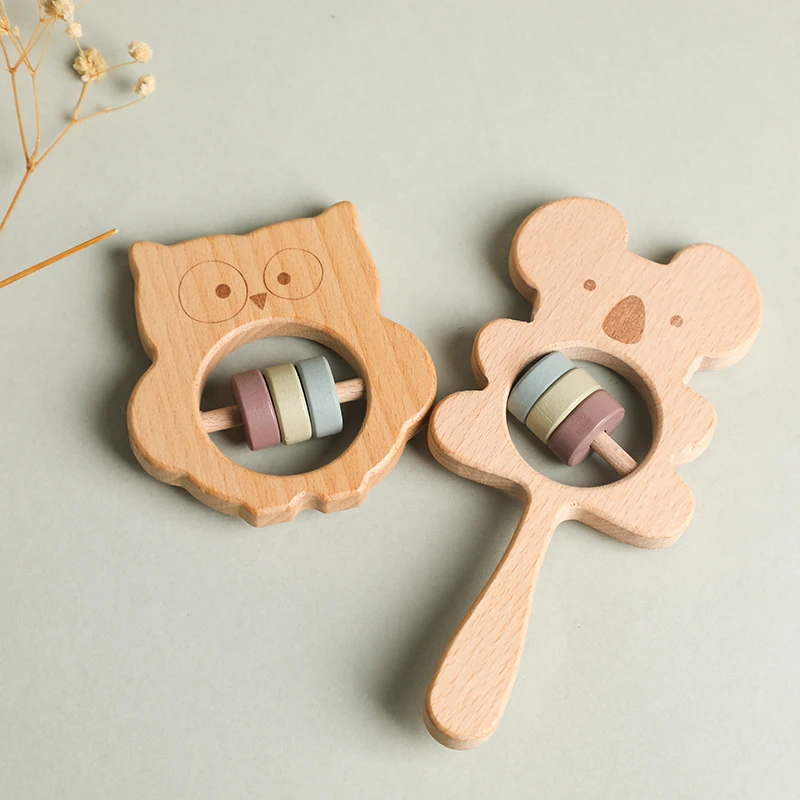 

1pcs Wooden Rattle Beech Koala Handbells Teething Ring Baby Teether Wooden Montessori Toys For Children 0-12Months Music Rattles