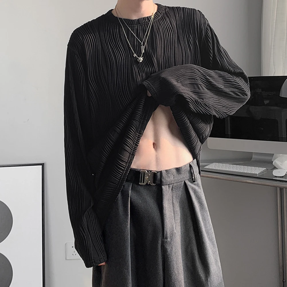 

Футболка мужская повседневная свободного покроя, плиссированная тенниска с круглым вырезом, уличная одежда, текстурная универсальная майка, однотонная