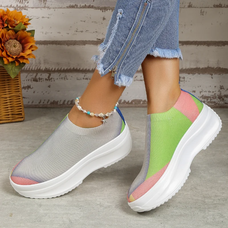 

Women Shoes Vulcanized Knitted Sneakers Women New Flat Shoes Mix Color Vulcanize Shoes Casual Chaussure Femme