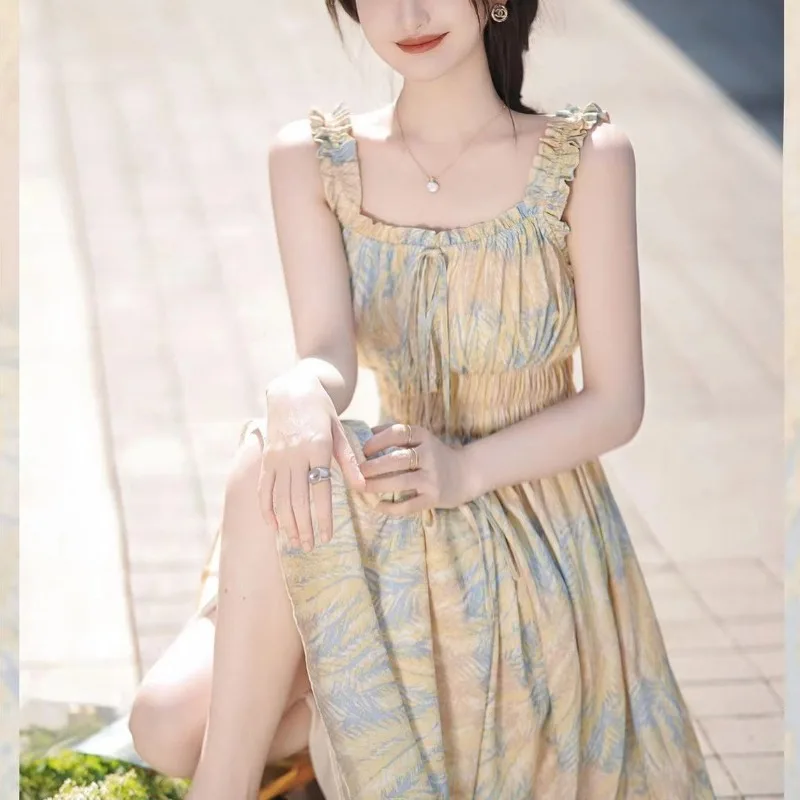 

Women's Summer Short Sleeve Square Collar Camisole Shirring Tie Dye Printing Drawstring Bandage Casual Elegant Fashion Dresses