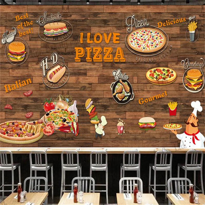 

Custom Wallpaper Hand-painted Pizza Fast Food Restaurant Decor Mural Restaurant Snack Bar Background contact paper papel tapiz