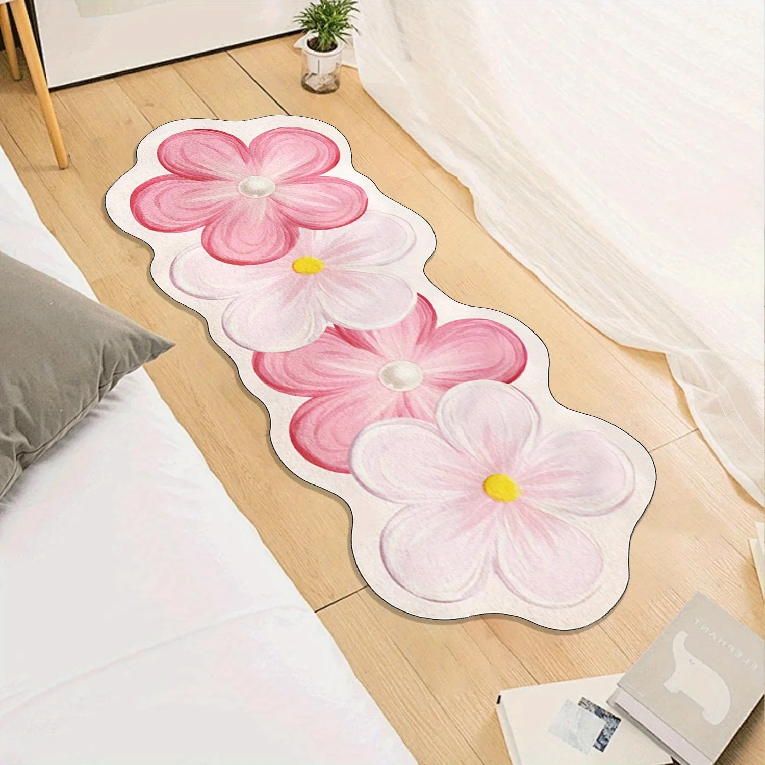 VIKAMA Rechteckiger Teppich mit Farbverlauf in Rosa Blütenblättern für Kinderzimmer und Mädchenzimmer, Heimdekoration, weiche, rutschfeste Bodenmatte – Detail 5