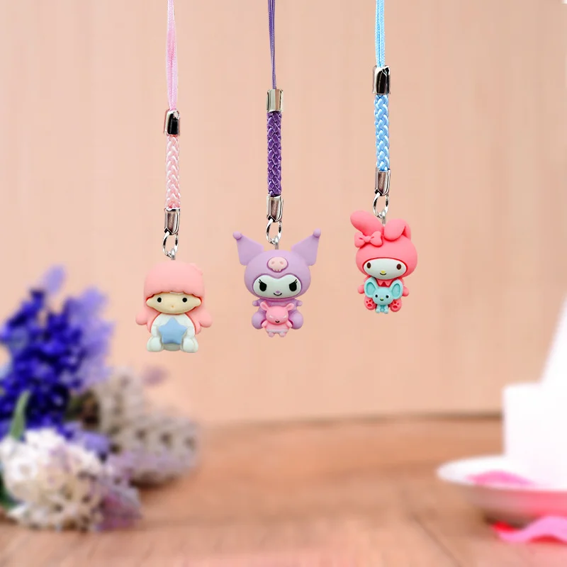 Sanrio Kawaii Kuromi Melody Pompom Purin Cinnamorol Cartoon Mobile Phone Pendant Keychain Cute Charm Anime Accessories Gift
