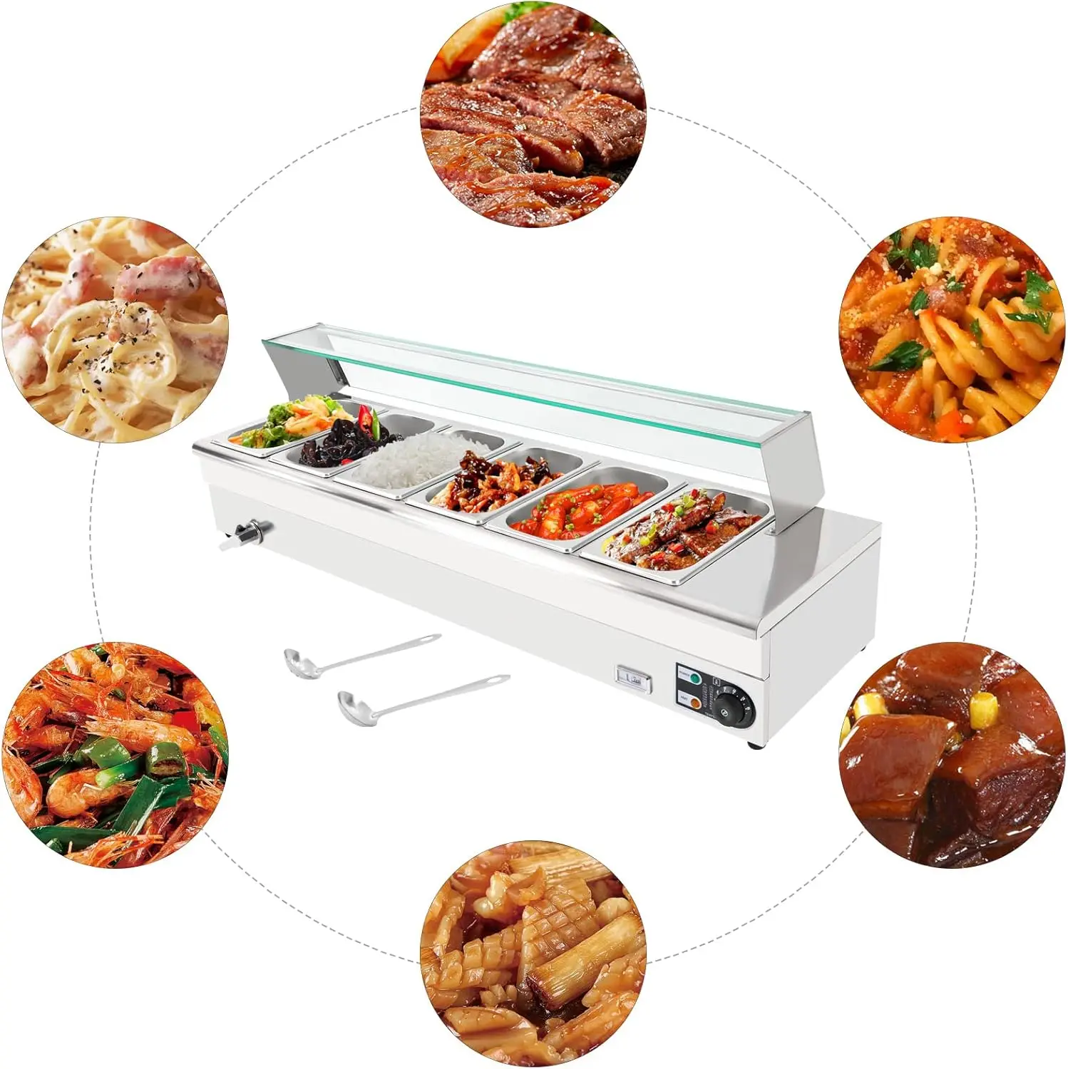 6 Pan x 1/3 GN Food Grade Stainelss Steel Commercial Food Steam Table 6-Inch Deep 1200W Electric Countertop Food Warmer 19 Quart 3