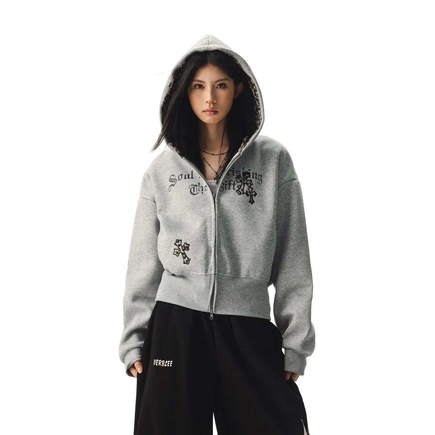 סווטשירט עם הדפס ליאופרד אמריקאי רטרו לנשים, סגנון קז'ואל נוח ומודרני