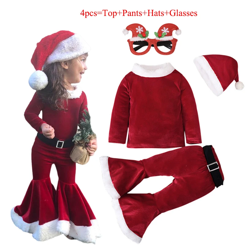Girls Christmas Cosplay Long Sleeve Bell Bottom Velvet Suit Carnival Party Santa Claus Costume For 2-10 Years