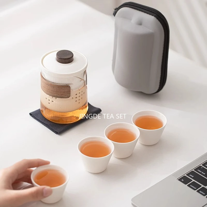 1 Pot+4Cup Glass Travel Tea Set, Portable Ceramic Kuaike Cup, Personal Portable Bag Set, Outdoor Kung Fu Glass Tea Pot