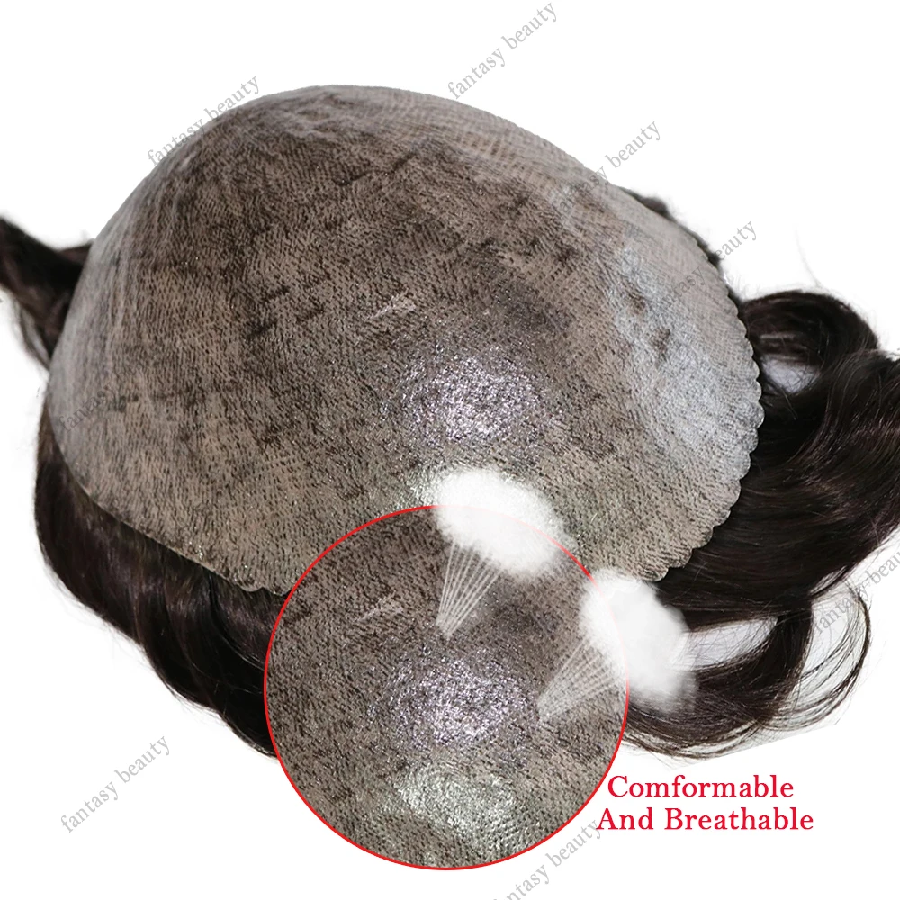 

30mm Wave Straight Microskin Men's Wig Thin Skin Full PU Toupee Human Hair Capillary Prosthesis Male Unit Replacement System