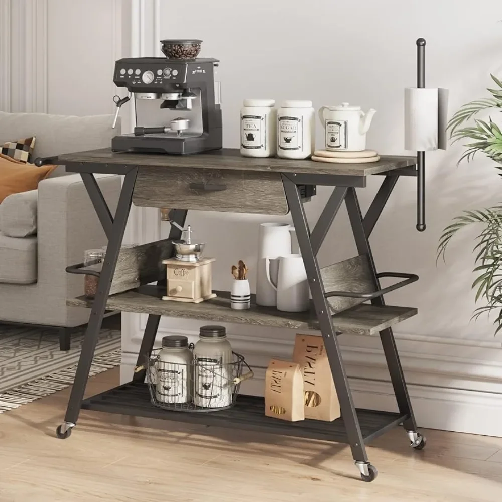 

Kitchen Island Cart With Storage Bar Table for Dinning Room Living Room Paper Towel Holder and Lockable Wheels Trolley Gray Hand