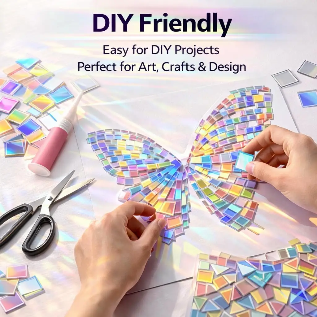 미니 홀로그래픽 아크릴 사각형, 무지개 아크릴 시트 양면 페렉시글라스 모자이크 타일 (DIY 공예용), 빛과 그림자 예술 작품