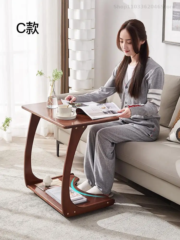 Solid Wood Sofa Side Table Cabinet Movable Table With Wheels Mini Coffee Living Room Small Apartment Household Square