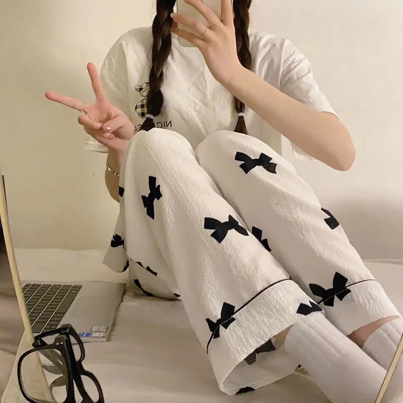 Pajama Pants for Women's 2024 New Summer Pure Cotton Long Pants, Bubble Cotton Thin Cotton Silk Cute and Wearable Home Pants