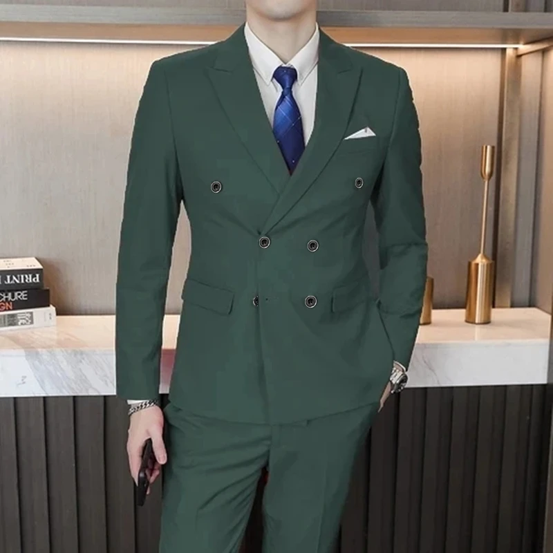 Men Leisure Double Breasted Solid Color Business Wedding Suit Coat Pants 2 Pcs Set Dress Blazers Jacket